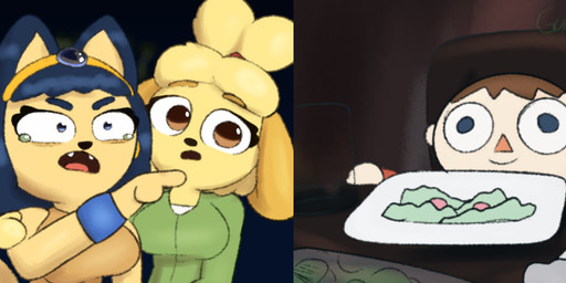 anthro blue_eyes bodily_fluids breasts brown_eyes clothing concern dinner_table female food fur gesture glass green_clothing green_shirt green_topwear group hand_gesture happy male orange_clothing orange_shirt orange_topwear pointing pointing_at_another pupils sad salad shirt silly sitting small_pupils tears text topwear trio two_panel_image worried yelling yellow_body yellow_fur guak animal_crossing nintendo woman_yelling_at_a_cat ankha_(animal_crossing) isabelle_(animal_crossing) villager_(animal_crossing) canid canine canis domestic_cat domestic_dog felid feline felis human mammal hi_res meme