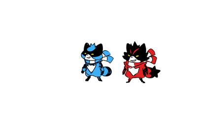 anthro biped black_body blue_body chibi duo red_body scarf simple_background white_background white_body parker_simmons curry_(copyright) curry_(parker_simmons) rizo_(parker_simmons) canid canine mammal raccoon_dog tanuki 16:9 2021 hi_res widescreen