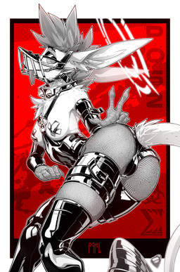 accessory anthro armwear belt_buckle biohazard_symbol bow_ribbon breasts buckle butt chest_tuft clothing collar eyeshadow fangs female fishnet_clothing fishnet_legwear freckled_breasts freckled_butt freckled_face freckled_shoulders freckles furgonomics genital_outline gesture gloves halo hand_gesture handwear hazard_symbol latex latex_armwear latex_clothing latex_gloves latex_handwear latex_legwear latex_panties latex_stockings latex_thigh_highs latex_underwear legwear long_ears long_tail makeup muzzle_(object) muzzled panties pasties pose presenting presenting_hindquarters red_background ribbons sharp_teeth simple_background solo spiked_collar spikes stockings straps symbol tail tail_accessory tail_bow tail_ribbon tail_tuft teeth text thigh_highs tight_clothing tuft underwear v_sign ralek passel_(ralek) unknown_species absurd_res english_text hi_res monochrome pinup signature