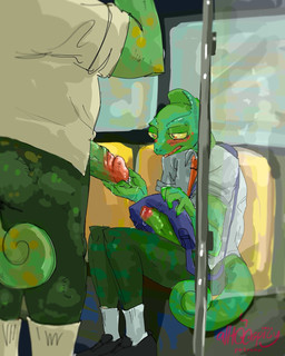accessory big_penis bodily_fluids bottomless clothed clothing cock_ring covering covering_self curled_tail dripping duo exhibitionism footwear foreskin genital_fluids genitals holding_penis humanoid_genitalia humanoid_penis jewelry lustful_gaze male male/male markings nude_male office_clothing penis penis_accessory penis_jewelry precum precum_drip public public_nudity public_transportation sitting size_difference socks tail tongue tongue_out alltoospicy chameleon lizard reptile scalie 4:5 hi_res
