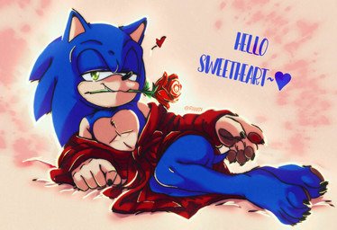 anthro barefoot bathrobe black_nose blue_body blue_ears blue_feet blue_fur blue_tail blue_text clothing feet flower flower_in_mouth fur male pawpads plant pointy_ears robe rose_(flower) rose_in_mouth solo tail text riinity sega sonic_the_hedgehog_(series) sonic_the_hedgehog eulipotyphlan hedgehog mammal adversarial_noise digital_drawing_(artwork) digital_media_(artwork) hi_res