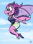 2_toes anthro bandage barefoot blue_eyes breasts cleavage clothed clothing feet female flying happy non-mammal_breasts open_mouth open_smile pink_body plant smile solo tail teeth toes wings jurassiczalar european_mythology mythology crystal_(jurassiczalar) dragon mythological_creature mythological_scalie scalie western_dragon 2018 hi_res