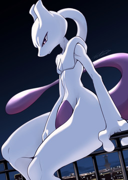 ambiguous_gender multicolored_body multicolored_skin night on_railing outside purple_body purple_skin sitting solo tail two_tone_body two_tone_skin white_body white_skin netiel nintendo pokemon generation_1_pokemon legendary_pokemon mewtwo pokemon_(species) hi_res