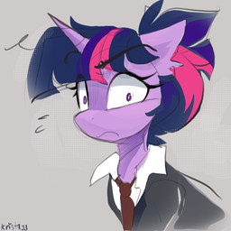accessory clothing collared_shirt dress_shirt female feral hair horn inner_ear_fluff looking_at_viewer necktie ponytail shirt shocked simple_background solo topwear tuft krista-21 friendship_is_magic hasbro my_little_pony mythology twilight_sparkle_(mlp) equid equine mammal mythological_creature mythological_equine unicorn 1:1 hi_res