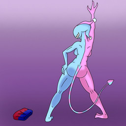 2_toes 3_fingers back_boob back_muscles blue_body breasts butt clothing clothing_aside convenient_censorship eyeless feet female fingers folded_clothing gradient_background hand_on_hip looking_back multicolored_body nude pink_body pointed_tail purple_background raised_arm rear_view sharp_teeth simple_background smile smirk solo spiral_tail tail tail_censorship teeth thigh_muscles toes clown_with_teef bitey_(clown_with_teef) demon humanoid imp 1:1 hi_res shaded