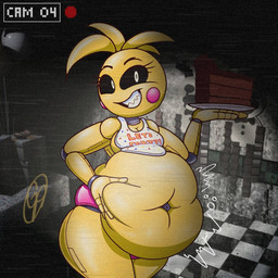 anthro balloon beakless belly belly_expansion belly_grab belly_overhang belly_squish big_belly black_eyebrows black_sclera blonde_hair breasts cake checkered checkered_floor clothing dessert expansion eyebrows eyelashes female food furniture gift hair hand_on_belly hand_on_own_belly holding_plate inflatable inside machine motion_lines navel overweight overweight_anthro overweight_female panties pink_cheeks pink_clothing pink_panties pink_underwear restaurant sharp_teeth small_breasts smile solo squish table teeth text text_on_clothing thick_thighs underwear weight_gain white_bib white_eyes yellow_body goldenpieces five_nights_at_freddy's five_nights_at_freddy's_2 scottgames toy_chica_(fnaf) animatronic avian bird chicken galliform phasianid robot robot_anthro 1:1 2025 cel_shading colored digital_media_(artwork) english_text hi_res shaded signature