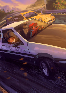 ambiguous_gender anthro blue_hair car clothed clothing day detailed_background drifting driving duo eyebrow_through_hair eyebrows feral hair hat headgear headwear orange_sclera outside race racing road scarf seatbelt smile text translucent translucent_hair vehicle young shadches initial_d oneshot toyota toyota_ae86 niko_(oneshot) rue_(oneshot) canid canine domestic_cat felid feline felis fox mammal 2025 absurd_res crossover digital_media_(artwork) hi_res japanese_text