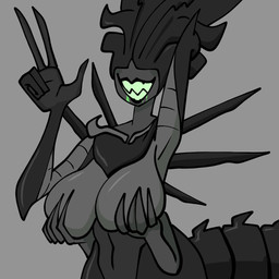 big_breasts black_body breasts eyeless female front_view gesture grey_background grey_body hand_behind_head hand_gesture huge_breasts navel sharp_teeth simple_background smile solo teeth v_sign gallo_wazavi alien_(franchise) alien humanoid xenomorph xenomorph_queen 1:1 hi_res