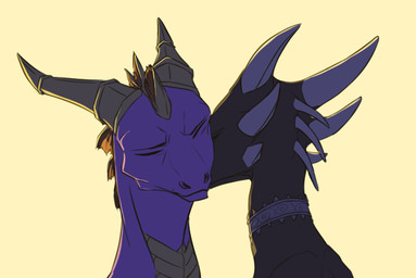 2_horns 6_horns ambiguous_form backlighting black_body canon_couple countershading duo eyes_closed female frill_(anatomy) head_crest head_frill horn kissing kissing_cheek light male male/female multi_horn neck_spikes purple_body purple_scales scales simple_background ventral_scales yellow_background yellow_body yellow_countershading draktau activision european_mythology mythology spyro_the_dragon cynder spyro dragon mythological_creature mythological_scalie scalie western_dragon 2014 digital_media_(artwork) lighting