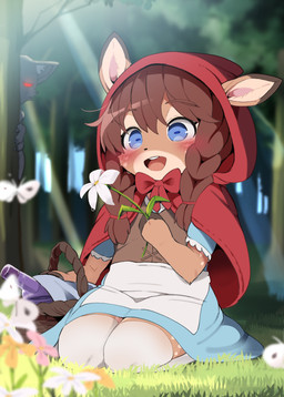 ambiguous_gender anthro biped blue_eyes blurred_background blush clothed clothing duo eyebrows female female_focus forest grass hair horizontal_pupils legwear open_mouth plant pupils red_clothing solo_focus tree young young_anthro young_female dagasi fairy_tales little_red_riding_hood_(copyright) little_red_riding_hood arthropod butterfly deer insect lepidopteran mammal 2025 digital_media_(artwork) hi_res