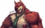 anthro biceps big_biceps brown_body brown_fur brown_hair brown_nose clenched_teeth clothed clothing front_view fur green_eyes hair hand_on_chest looking_at_viewer male manly mature_anthro mature_male muscular muscular_anthro muscular_male necktie nipples paws pec_grab pecs pose relaxing simple_background solo tan_body tan_fur teeth topless cursedmarked bamwuff canid canine canis mammal wolf 16:10 2015 widescreen