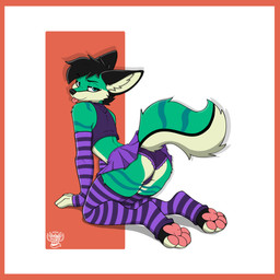 4_toes anthro arm_warmers armwear black_body black_fur border bottomwear butt clothed clothing crop_top crossdressing crossdressing_male feet femboy fur green_body green_fur leg_warmers legwear male panties pawpads paws pink_pawpads presenting presenting_hindquarters purple_clothing raised_tail red_border shirt skirt solo stockings tail tan_body tan_fur thick_thighs toes topwear underwear bell_koji zinnknorvier canid canine fennec_fox fox mammal true_fox 1:1 absurd_res hi_res