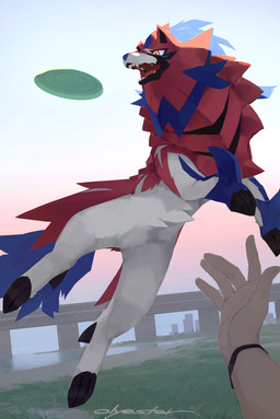 ambiguous_gender claws clipped_ear duo fangs featureless_crotch feral frisbee fur grey_body grey_fur midair multicolored_body open_mouth tail teeth yellow_body olyester nintendo pokemon canid canine generation_8_pokemon hero_of_many_battles_zamazenta human legendary_pokemon mammal pokemon_(species) zamazenta 2025 signature