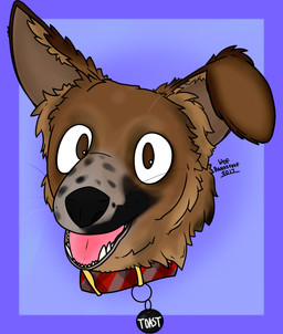 bread brown_body brown_fur collar feral fluffy food fur happy solo toast wof_banazeraf canid canine canis domestic_dog mammal hi_res