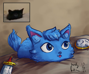 blue_body blue_eyes blue_fur fur melee_weapon shield sword tail weapon katsumodokat epic_battle_fantasy nolegs_(ebf) domestic_cat felid feline felis limbless_cat mammal 6:5