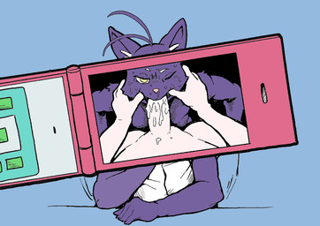 anthro bodily_fluids camera clothing cum cum_in_mouth cum_inside cum_on_penis duo electronics fellatio finger_fetish finger_in_mouth finger_play fingers genital_fluids genitals male male/male one_eye_closed oral penile penis phone pip_focus purple_body ruined_reputation sex shirt slurping solo superimposed topwear yellow_eyes kori-nio morenatsu shin_kuroi domestic_cat felid feline felis human mammal 2018 multiple_images picture_in_picture
