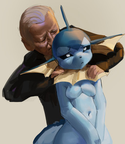 :< anthro breasts business_suit clothing covering covering_crotch duo featureless_breasts female hands_on_shoulders male male/female navel simple_background sniffing suit tan_background unknown_artist nintendo pokemon joe_biden eeveelution generation_1_pokemon human mammal pokemon_(species) vaporeon absurd_res digital_media_(artwork) hi_res tagme