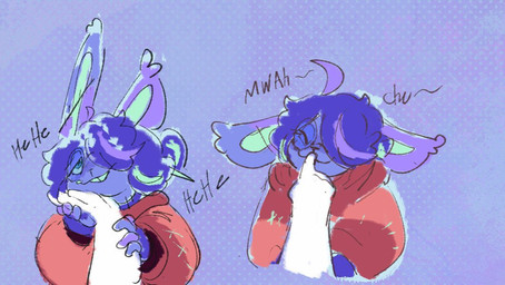 4_fingers ambiguous_gender ambiguous_humanoid anthro blue_eyes blue_hair blue_inner_ear blue_teeth buckteeth closed_smile clothed clothed_anthro clothed_male clothing dotted_background duo ear_tuft ears_down eyes_closed eyewear fingers fur glasses hair hair_bun hair_over_eye half-closed_eyes hand_holding hand_on_face happy kissing_finger laugh long_ears love male mostly_offscreen_ambiguous mostly_offscreen_character mostly_offscreen_humanoid mouth_closed multicolored_hair narrowed_eyes onomatopoeia pattern_background pivoted_ears plushie purple_background purple_body purple_fur purple_hair red_clothing red_sweater red_topwear round_glasses simple_background smile sound_effects stitch_(sewing) sweater teeth text topwear tuft white_body critterzone13 tristan_(critterzone13) animate_inanimate humanoid hybrid lagomorph leporid living_plushie mammal rabbit undead zombie 2023 character_name colored_sketch digital_drawing_(artwork) digital_media_(artwork) english_description multiple_scenes sketch