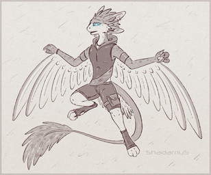 3_fingers 4_ears 4_toes ambiguous_gender anthro armwear blue_eyes bottomwear claws clothed clothing countershade_face countershade_feathers countershade_legs countershade_neck countershading dewclaw digitigrade ear_piercing elbow_gloves erection feathers feet finger_claws fingerpads fingers flying footwear front_view fully_clothed gloves handwear inner_ear_fluff jewelry looking_down markings multi_ear necklace open_mouth pawpads paws piercing shorts simple_background sleeveless_shirt solo spots spotted_markings tail tail_tuft tapering_tail text thin_tail toe_claws toeless_footwear toes tuft wings shadarrius avali aliasing artist_name binary_drawing digital_drawing_(artwork) digital_media_(artwork) full-length_portrait hi_res portrait spot_color