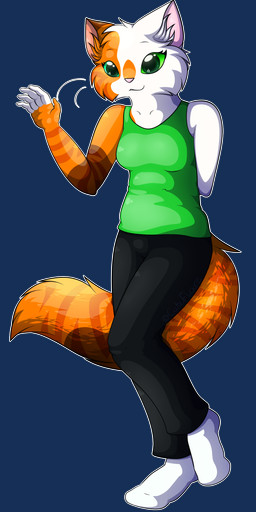 2016 absurd_res alpha_channel anthro biped breasts clothed clothing cuteflare domestic_cat felid feline felis female fur gesture green_clothing green_eyes hands_behind_back hi_res mammal orange_body orange_fur smile solo waving white_body white_fur