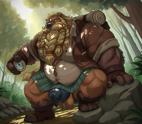 anthro backpack balls barazoku beard biceps big_muscles big_pecs blonde_beard blonde_facial_hair blonde_hair blonde_pubes blonde_sideburns blue_eyes boots bottomwear braided_beard brown_body brown_boots brown_clothing brown_footwear brown_fur brown_gloves brown_handwear brown_jacket brown_topwear claws clothing compass facial_hair fingerless_gloves footwear forest forest_background fur genitals gloves green_clothing green_kilt hair handwear hiker hiking ineffective_clothing jacket kilt leaf light light_beam male manly mature_anthro mature_male muscular muscular_anthro muscular_arms muscular_male muscular_thighs nature nature_background outside overhead_lighting pattern_clothing pecs penis plaid plaid_clothing plaid_kilt plant pubes rock shadow shirt shoes shrub sideburns sitting sky solo sunbeam sunlight thick_arms thick_thighs toeless_boots toeless_footwear topwear tree white_clothing white_shirt white_topwear magniursus thoraden_(magniursus) bear dwarf mammal ursine hi_res