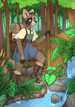 anthro backpack boots bottomwear brown_eyes clothed clothing detailed_background female footwear forest fur hiking legwear outside plant shirt shoes smile solo topwear tree katlovesshrimp mammal procyonid raccoon digital_media_(artwork) hi_res