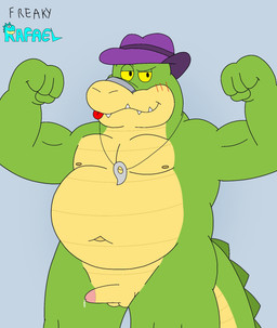 4_fingers anthro balls belly biped blue_background blush bodily_fluids clothing erection fingers genital_fluids genitals green_body hat headgear headwear humanoid_hands male moobs musclegut muscular navel nipples overweight overweight_male penis precum red_tongue simple_background solo standing tongue tongue_out toony freakyrafael brok_the_investigator cowcat_games brok_(brok_the_investigator) alligator alligatorid crocodilian reptile scalie 2026 hi_res