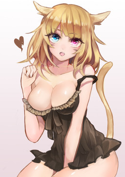 blonde_hair breasts clothed clothing female frill_(anatomy) gradient gradient_background hair heart_symbol heterochromia lingerie long_hair looking_at_viewer membrane_(anatomy) membranous_frill off_shoulder open_mouth paw_pose pose simple_background sitting solo yok01 final_fantasy final_fantasy_xiv square_enix animal_humanoid cat_humanoid felid felid_humanoid feline feline_humanoid humanoid mammal mammal_humanoid miqo'te hi_res