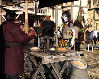 anthro bag balance black_hair blonde_hair breasts claws cleavage clothed clothing digitigrade dress female floral_clothing fur green_body green_skin grey_body grey_fur group hair male market_stall medium_breasts nipple_outline orange_body orange_fur overweight overweight_male public store village white_body white_fur white_skin chadotexas european_mythology greek_mythology mythology canid canine centaur equid equid_taur human humanoid humanoid_taur mammal mammal_taur mythological_canine mythological_creature ogre taur werecanid werecanine werecreature werewolf 3d_(artwork) 5:4 digital_media_(artwork) hi_res