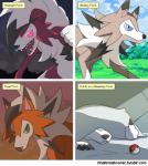 2017 ambiguous_gender anthro blue_body blue_eyes blue_fur brown_body brown_fur canid canine comic dawn_lycanroc dusk_lycanroc fakemon fan_character feral fur generation_7_pokemon gesture green_eyes hand_gesture humor lycanroc mammal midday_lycanroc middle_finger midnight_lycanroc nintendo orange_body orange_fur pokemon pokemon_(species) red_body red_eyes red_fur text url white_body white_fur yayster