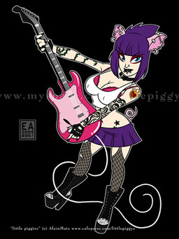 anthro bangs black_lips blue_eyes blunt_bangs boots bottomwear bra breasts clothing collar ear_piercing electric_guitar eyeshadow facial_piercing female fingerless_gloves fishnet_clothing footwear gloves guitar hair handwear high_heeled_boots high_heels legwear lip_piercing lips makeup midriff musical_instrument nose_piercing piercing platform_footwear playing_guitar playing_music plucked_string_instrument purple_hair shoes skirt solo string_instrument tattoo thigh_highs underwear dadward domestic_pig mammal suid suine sus_(pig) 3:4