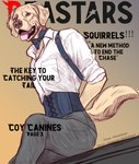 anthro bow_tie breath clothing corset_suit fluffy magazine male panting photo_shoot pose solo suit tail teeth_showing text tongue tongue_out thefloofdragon beastars jack_(beastars) bird_dog canid canine canis domestic_dog hunting_dog labrador mammal retriever english_text shaded