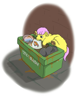 ambiguous_feral ambiguous_gender bag bowl brown_hooves container dirty feral food fur grey_eyes hair hooves hot_dog hungry looking_at_food looking_at_object monotone_body monotone_fur narrowed_eyes open_mouth paper pink_hair pink_tail solo tail text trash trash_bag trash_can water yellow_body yellow_fur carpdime fluffy_pony fluffy_pony_(species) mammal 2020 digital_media_(artwork) english_text shaded