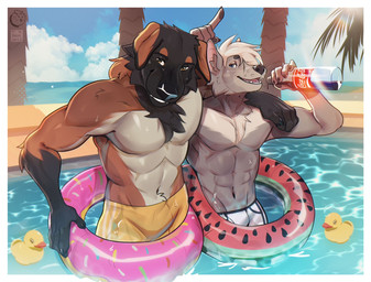 anthro athletic athletic_male beverage beverage_bottle black_nose blue_eyes bottle chest_tuft clothed clothing container duo fur hair male multicolored_body multicolored_fur palm_tree plant pool_float soda soda_bottle swimming_pool swimwear topless tree tuft whiskers white_hair yellow_eyes kaionart coca-cola kaion_(kaionart) norton_(nerton) canid canine canis domestic_dog mammal 2023 hi_res
