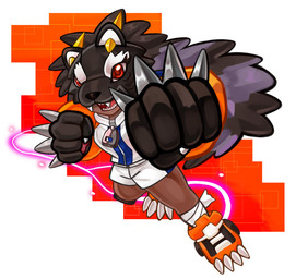 bottomwear clothing dark_body dark_skin female hair paws ponytail punch red_eyes shorts smile solo spiked_knuckles track_jacket ice_fire_01 bandai_namco digimon digimon_beatbreak bearcatmon binturong_humanoid digimon_(species) humanoid absurd_res hi_res