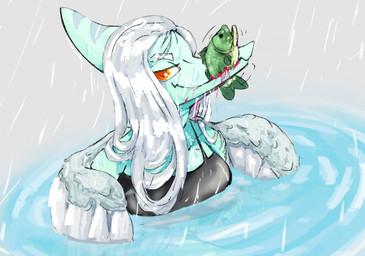 anthro black_clothing black_topwear blood blue_body bodily_fluids bone_frill breasts clothed clothed_anthro clothed_female clothing feathered_wings feathers female female_anthro frill_(anatomy) grey_background hair long_hair looking_at_viewer markings non-mammal_breasts orange_eyes partially_submerged raindrop raining simple_background smile smirk solo striped_markings stripes topwear water white_body white_hair wings caldinie1 goodbye_volcano_high ko_op_(game_developer) fang_(gvh) ambient_fish ambient_sealife prehistoric_species pterosaur reptile scalie 2025 colored hi_res shaded