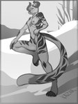 anthro bottomwear breasts camel_toe clothing female fur genitals horn looking_at_viewer markings multicolored_body nipples nude pants simple_background smile solo striped_body striped_fur striped_markings striped_tail stripes tail tail_markings vulva kazarart felid feline felis mammal pantherine 3:4 absurd_res digital_media_(artwork) hi_res monochrome sketch