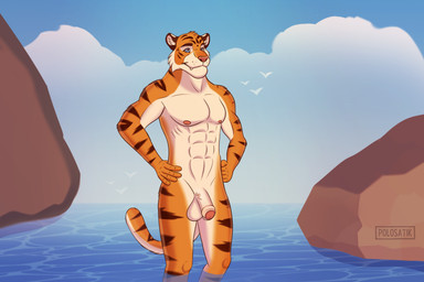 anthro athletic athletic_anthro big_penis blue_eyes blue_sky fur genitals head_tuft male muscular muscular_anthro muscular_male nipples orange_body orange_fur penis rock sky solo standing stripes sunset teeth tuft water white_body white_fur polosatik felid mammal pantherine tiger absurd_res hi_res