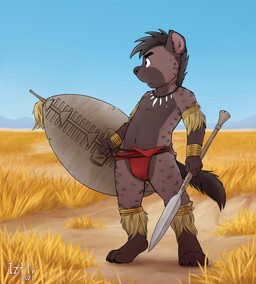 anthro bulge clothed clothing jewelry male melee_weapon navel necklace outside savanna scar shield shota solo standing sword topless tribal weapon young young_anthro young_male iztli siphiwe_(iztli) hyena mammal 2021 digital_media_(artwork) hi_res shaded