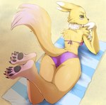 2023 anthro badenov bandai_namco beach_towel bikini black_claws black_pawpads black_sclera breasts butt canid claws clothed clothing digimon digimon_(species) eyebrows feet female finger_claws fingers foot_focus fur hi_res looking_at_viewer looking_back looking_back_at_viewer mammal multicolored_body multicolored_fur pawpads paws purple_bikini purple_bikini_bottom purple_bikini_top purple_clothing purple_swimwear renamon soles solo swimwear tail toes towel two_tone_body two_tone_fur white_body white_ears white_fur yellow_body yellow_butt yellow_ears yellow_fur yellow_tail