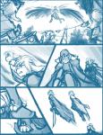 2015 animal_humanoid anthro basitin blue_and_white cape clothing comic conditional_dnp digitigrade dragon eyewear female glasses group hair human humanoid hybrid keith_keiser lynn_(twokinds) madelyn_adelaide male mammal melee_weapon monochrome mythological_creature mythological_scalie mythology outside sarah_(twokinds) scalie simple_background sketch sword tail tom_fischbach twokinds weapon white_background