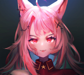 accessory ahoge blood blush bodily_fluids clothing cross eyebrows fangs female hair hair_accessory inner_ear_fluff looking_at_viewer open_mouth pink_hair red_eyes simple_background solo teeth tuft utterangle humanoid bust_portrait hi_res portrait