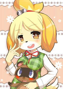 accessory anthro big_head black_nose blonde_hair blue_eyes blush bodily_fluids bow_(feature) bow_accessory bow_ribbon brown_body brown_fur clothing duo female fur furgonomics hair hair_accessory long_ears male micro open_mouth ponytail ribbons short_hair sweat tail tail_accessory tail_bow tail_ribbon toony uniform white_body white_fur yellow_body yellow_eyes yellow_fur charln animal_crossing nintendo isabelle_(animal_crossing) tom_nook_(animal_crossing) canid canine canis domestic_dog mammal raccoon_dog shih_tzu tanuki toy_dog