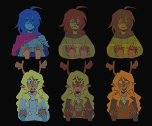 ambiguous_gender ambiguous_human anthro antlers biped black_background black_hair blonde_hair blue_body blue_skin brown_body brown_fur clothed clothing duo female female_anthro fur hair hand_holding horn long_hair looking_at_viewer multiple_expressions scared short_hair simple_background snout snowgrave text wide_eyed viveela deltarune undertale_(series) kris_dreemurr noelle_holiday deer human mammal new_world_deer artist_name expression_sheet watermark