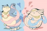 accessory blush dancing duo egg eyes_closed fangs female feral harem harem_outfit headband overweight pouch_(anatomy) pouch_purse split_screen teeth shamelesss nintendo pokemon chansey generation_1_pokemon pokemon_(species) snorlax 3:2 digital_media_(artwork) full-length_portrait hi_res portrait