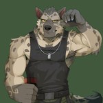 anthro armpit_hair biceps black_clothing black_shirt black_tank_top black_topwear body_hair bottomwear clothing dog_tags fur gloves_(marking) green_bottomwear green_clothing green_pants grey_body grey_fur grey_hair grey_spots hair male markings multicolored_body multicolored_fur muscular muscular_anthro muscular_male pants raised_arm shirt solo spots spotted_body spotted_fur tail tan_body tan_fur tank_top topwear two_tone_body two_tone_fur yellow_sclera roni_orin jack_(saberzelgrath) hyena mammal spotted_hyena 1:1 2021 hi_res