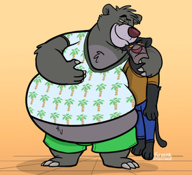 anthro arm_around_partner bedroom_eyes belly big_belly blush bottomwear chest_tuft claws clothing dangling_legs duo finger_claws head_tuft huge_belly lifting_partner male narrowed_eyes overweight palm_tree pants plant seductive shirt shoeless shorts size_difference slim standing toe_claws topwear tree tuft whiskers fatbearsmallchair the_jungle_book bagheera_(jungle_book) baloo hi_res