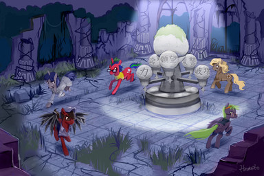 bat_wings blonde_hair blue_hair brown_body brown_fur brown_hair clothed clothing cutie_mark detailed_background dress eyewear female fur glasses grass green_hair grey_body grey_fur group hair hat headgear headwear horn male membrane_(anatomy) membranous_wings multicolored_hair plant purple_body purple_fur quadruped red_body red_fur running shrine tail temple two_tone_hair wings hinoraito hasbro my_little_pony mythology fan_character equid equine mammal mythological_creature mythological_equine pegasus unicorn 2012