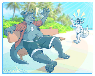 anthro areola beach belly bench body_hair bottomwear checkered checkered_clothing chest_tuft clothed clothing duo feet gesture hair hair_bun happy_trail hat headgear headwear male moobs nipple_piercing nipples open_clothing open_shirt open_topwear overweight overweight_male pattern_clothing piercing pube_peek pubes shirt shorts sitting smile speedo swimming_trunks swimwear tail thong topwear tuft underwear walking waving whiskers naudiz_(artist) naudiz canid canine canis domestic_dog mammal mustelid otter wolf 5:4 hi_res