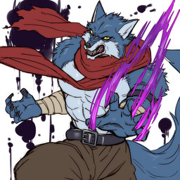 anthro bandage_wraps bared_teeth belt blue_body blue_fur bottomwear claws clothing fur looking_at_viewer male muscular muscular_anthro muscular_male pants red_scarf scarf scratching simple_background solo teeth white_background yellow_eyes teba_motoko dragon_ball dragon_ball_super bergamo canid canine canis mammal wolf 1:1